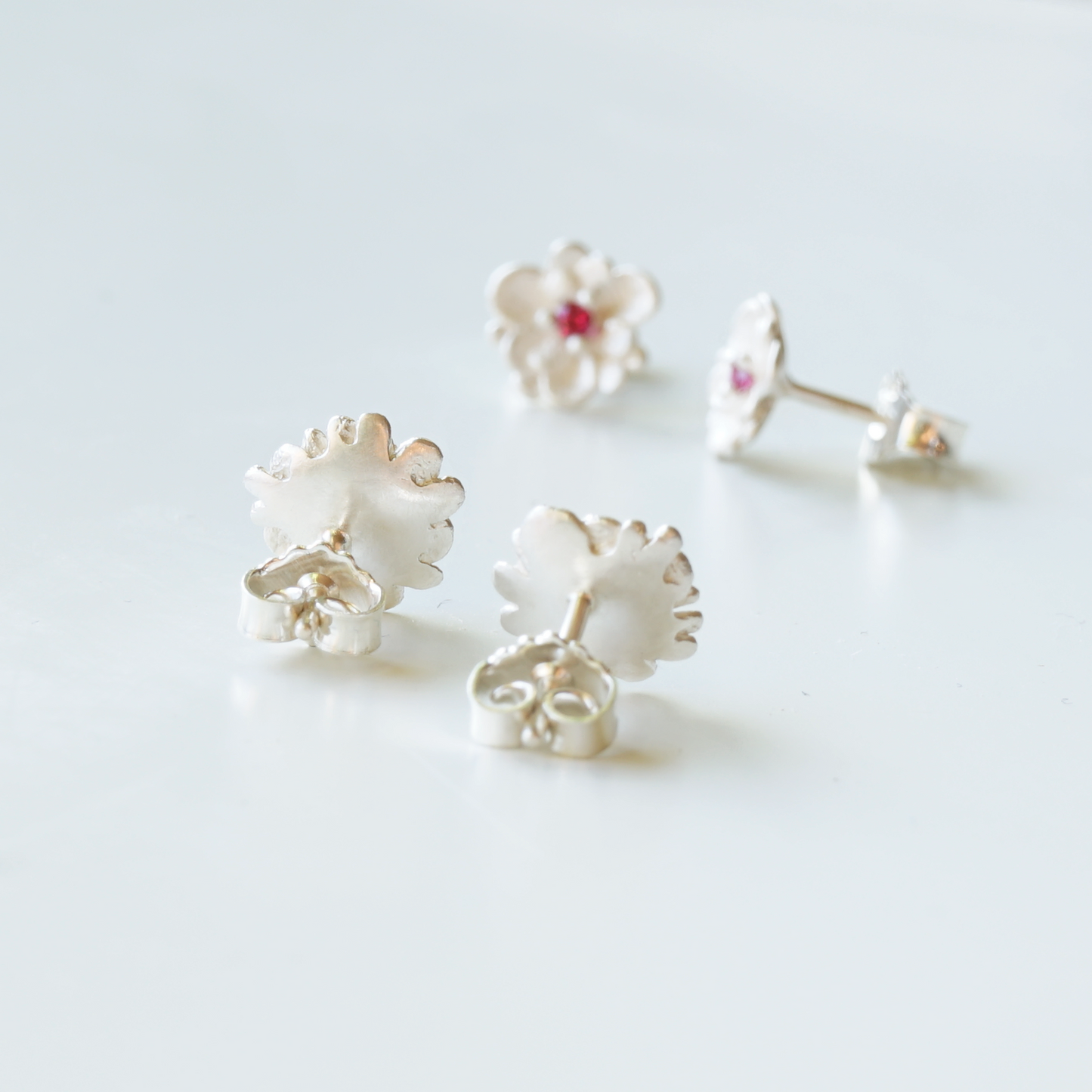 Floral Stud Earrings in Recycled Silver with Lilac Sapphire – (one pair)