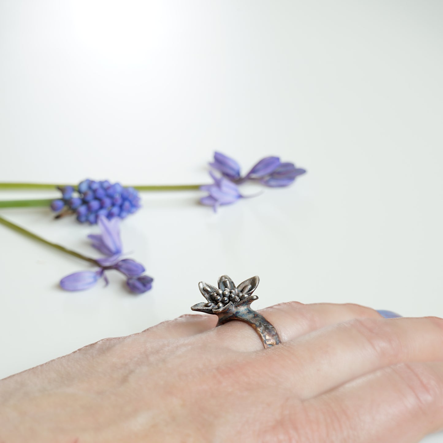 Silver Ring with Large Flower | Unique Bloom Design - Sitting Between Fingers | Assymetrical