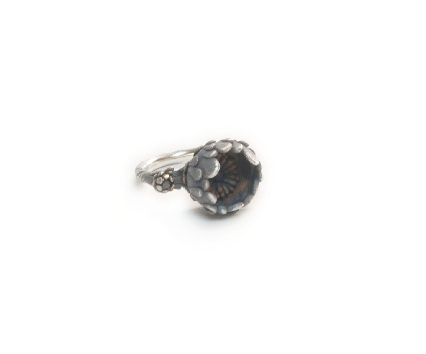 Secret Garden Ring with Black Gemstones | Silver Hidden Flower Jewelry | Nature Inspired Handmade Design