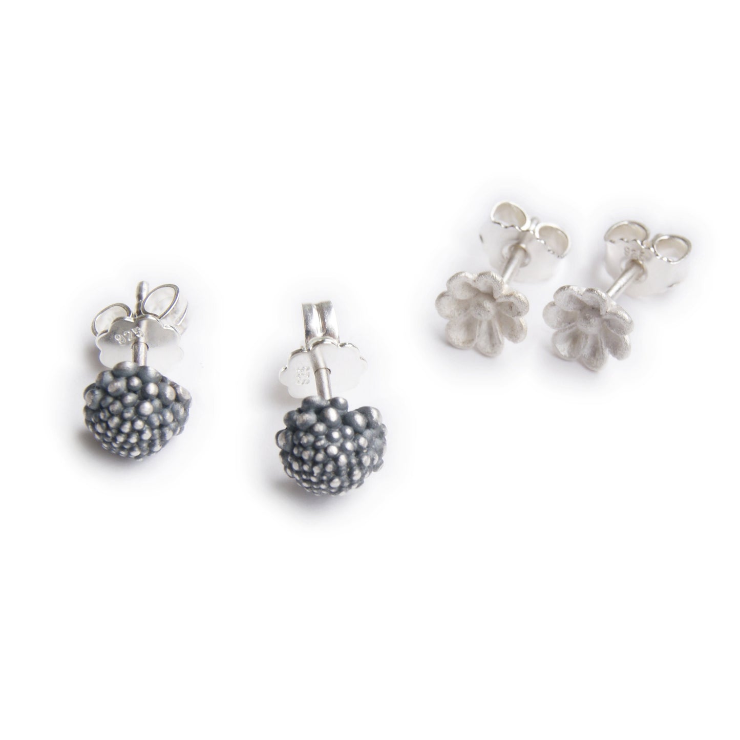 Blackened Sterling Silver Flower Stud Earrings with Granule Detail | Unique Silver Floral Jewelry