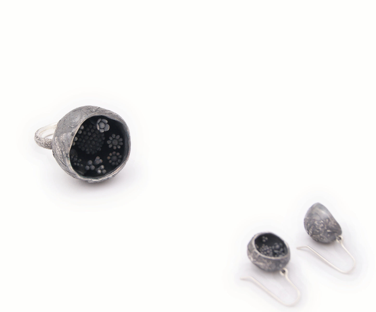 One-of-a-Kind Silver Bowl Earrings with Floral Detail | Handcrafted Recycled Silver