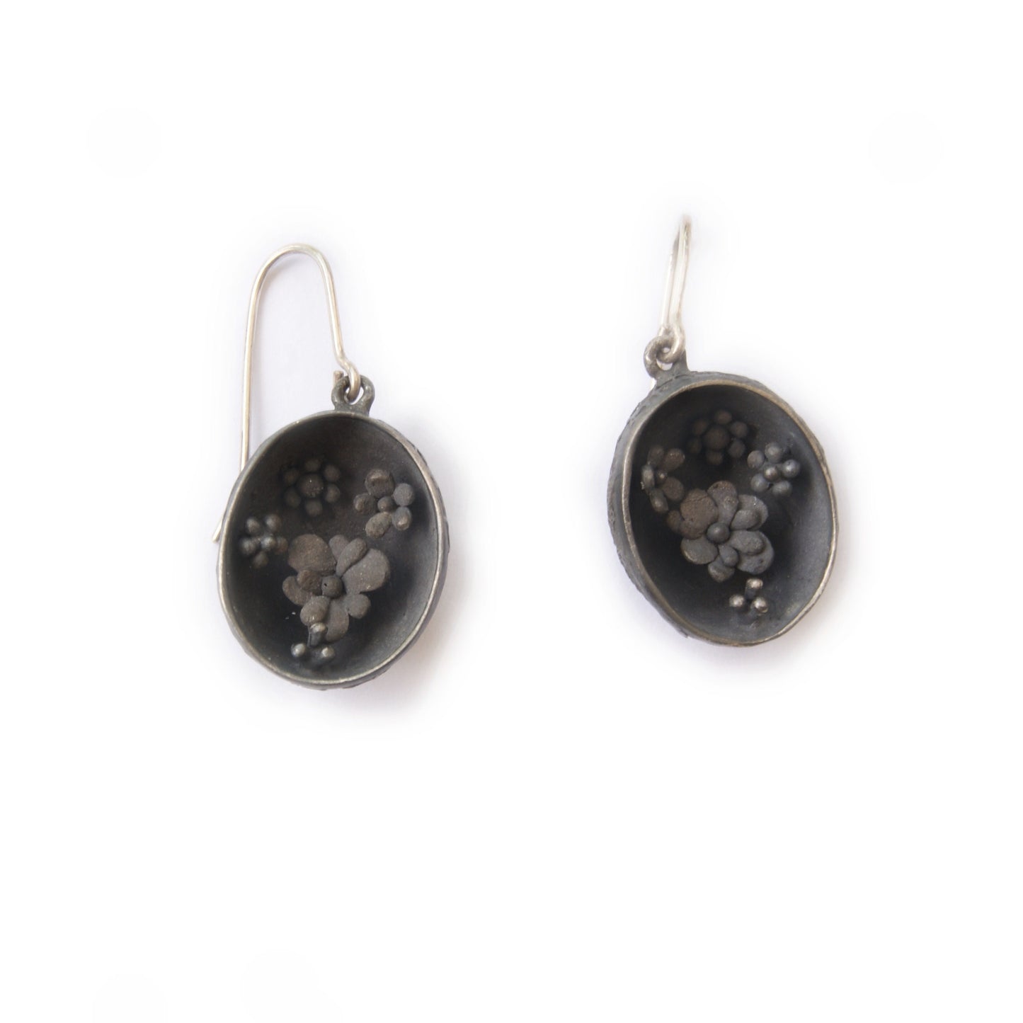 Secret Garden Hanger Earrings | Handmade Unique Silver Jewelry | Flowers Inside Botanical Design in Black or White