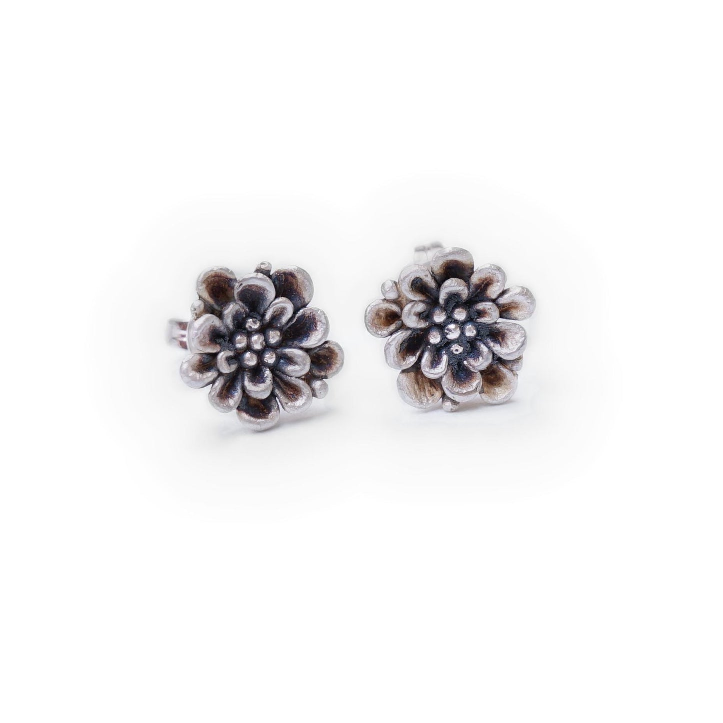 Sterling Silver Zinnia Flower Stud Earrings | Handcrafted Floral Jewelry