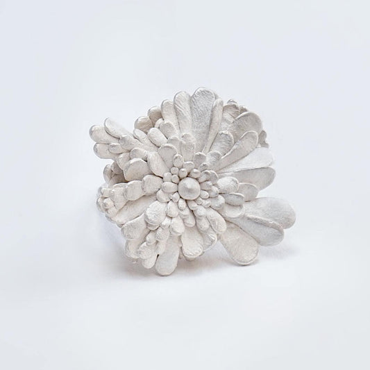 Handmade Whitened Sterling Silver Ring with Artist’s Fingerprint – Comfortable Unique Floral Statement Ring