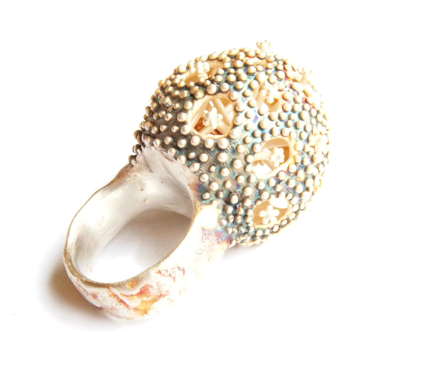 Playful Large Silver Ring – Unique Design with Character and Floral Details