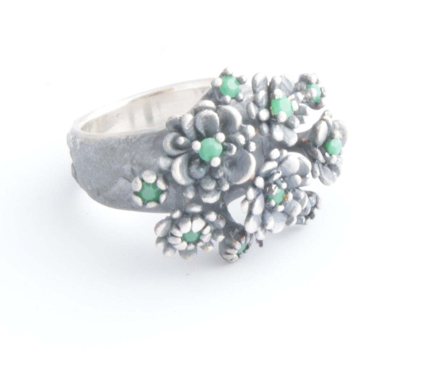 blackened Silver Flower Bouquet Ring | Handmade Jewelry with Electric Green Accent | Unique Floral Design