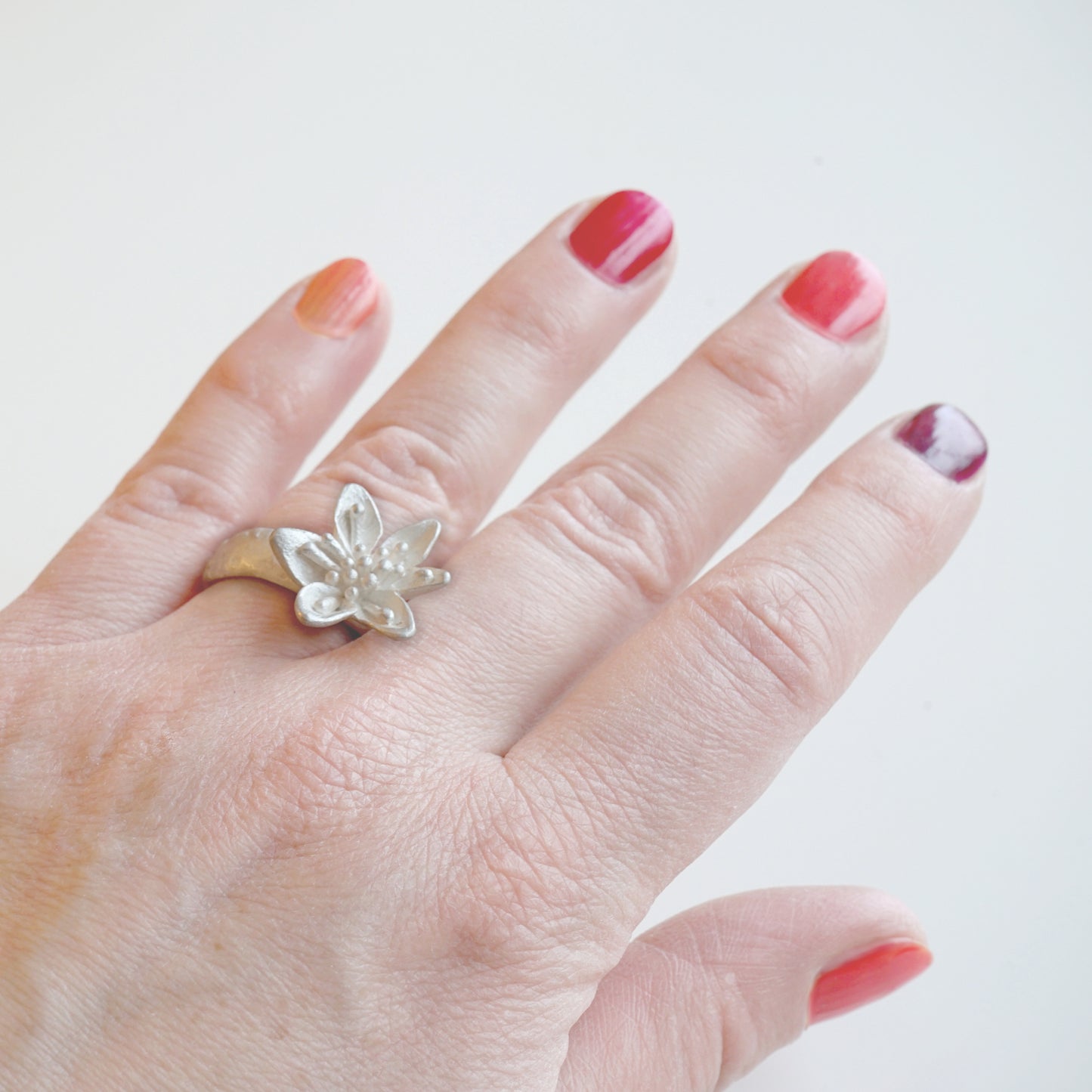 Silver Ring with Large Flower | Unique Bloom Design - Sitting Between Fingers | Assymetrical