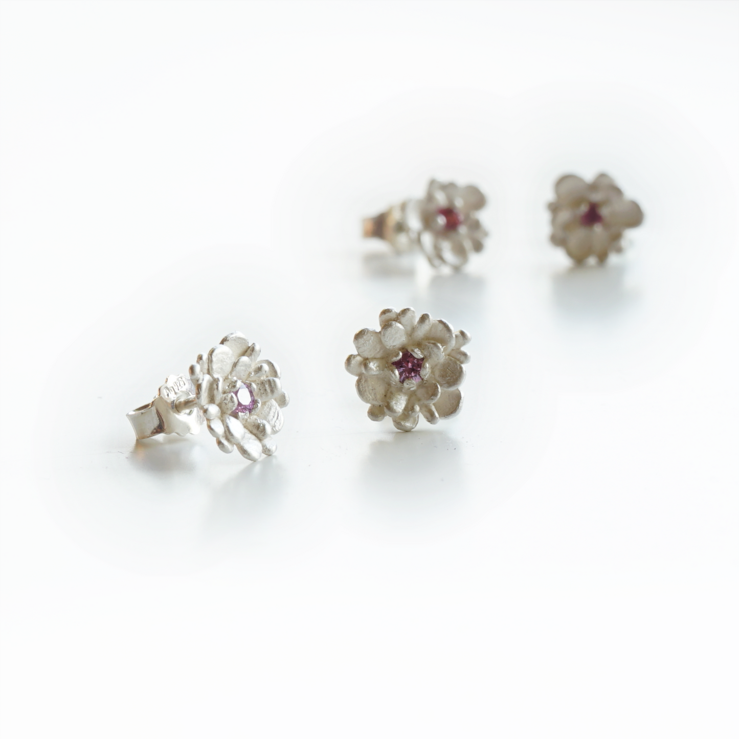 Floral Stud Earrings in Recycled Silver with Lilac Sapphire – (one pair)
