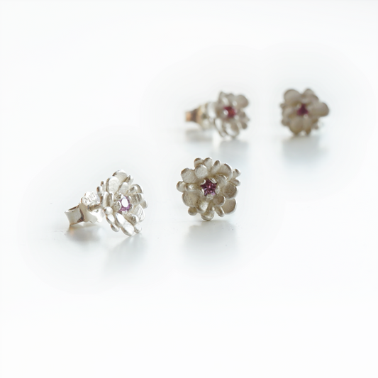 Floral Stud Earrings in Recycled Silver with Lilac Sapphire – (one pair)