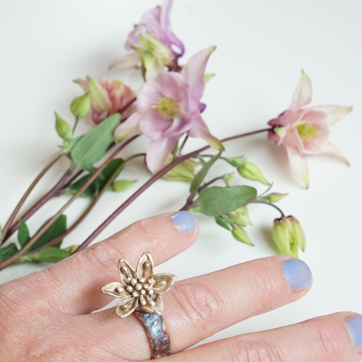 Silver Ring with Large Flower | Unique Bloom Design - Sitting Between Fingers | Assymetrical
