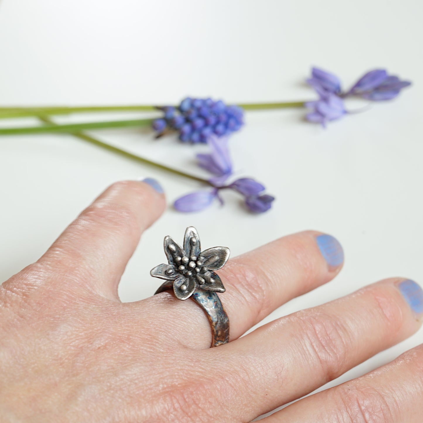 Silver Ring with Large Flower | Unique Bloom Design - Sitting Between Fingers | Assymetrical