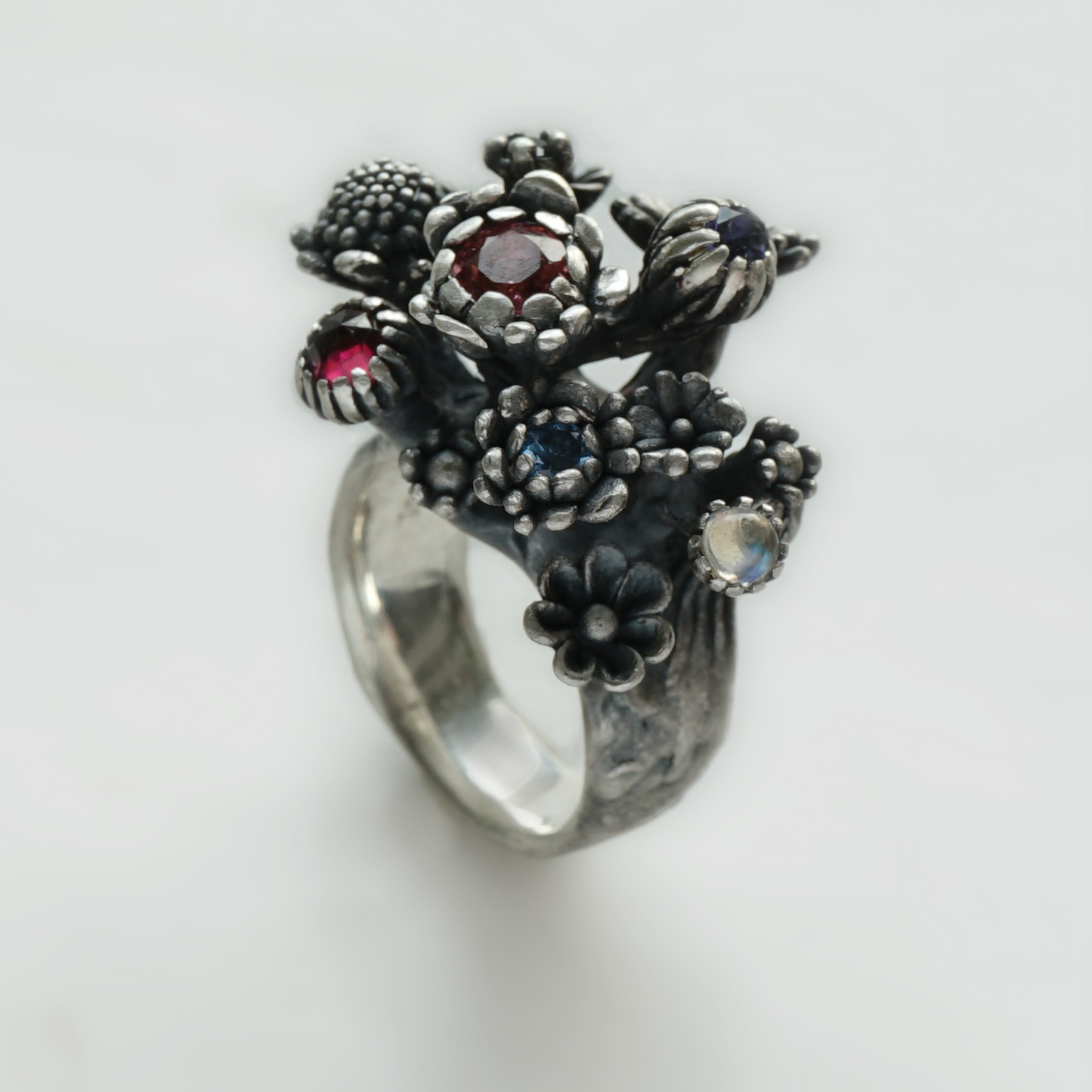 Handmade Colorful Gemstone Floral Statement Ring in Recycled Sterling Silver