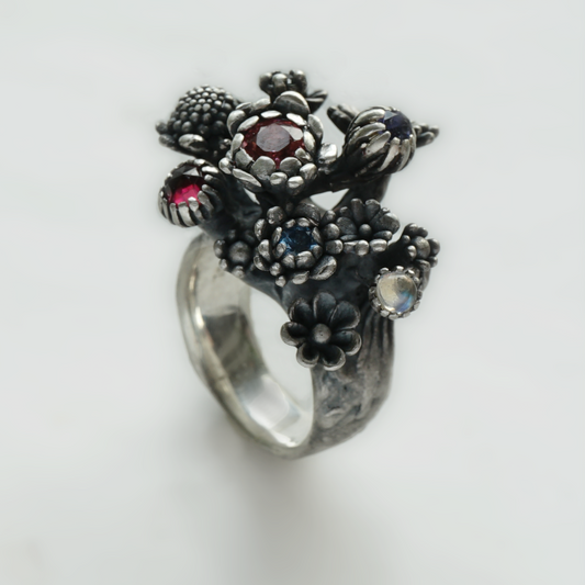 Handmade Colorful Gemstone Floral Statement Ring in Recycled Sterling Silver