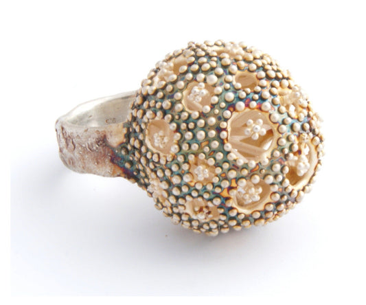 Playful Large Silver Ring – Unique Design with Character and Floral Details