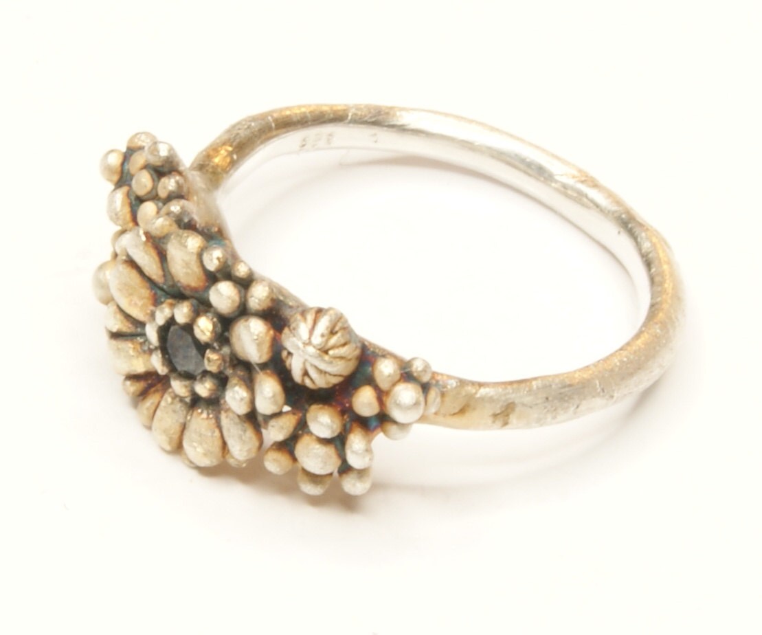 Gemstone Flower Ring in Recycled Sterling Silver | Handmade Botanical Jewelry with Patinated Finish