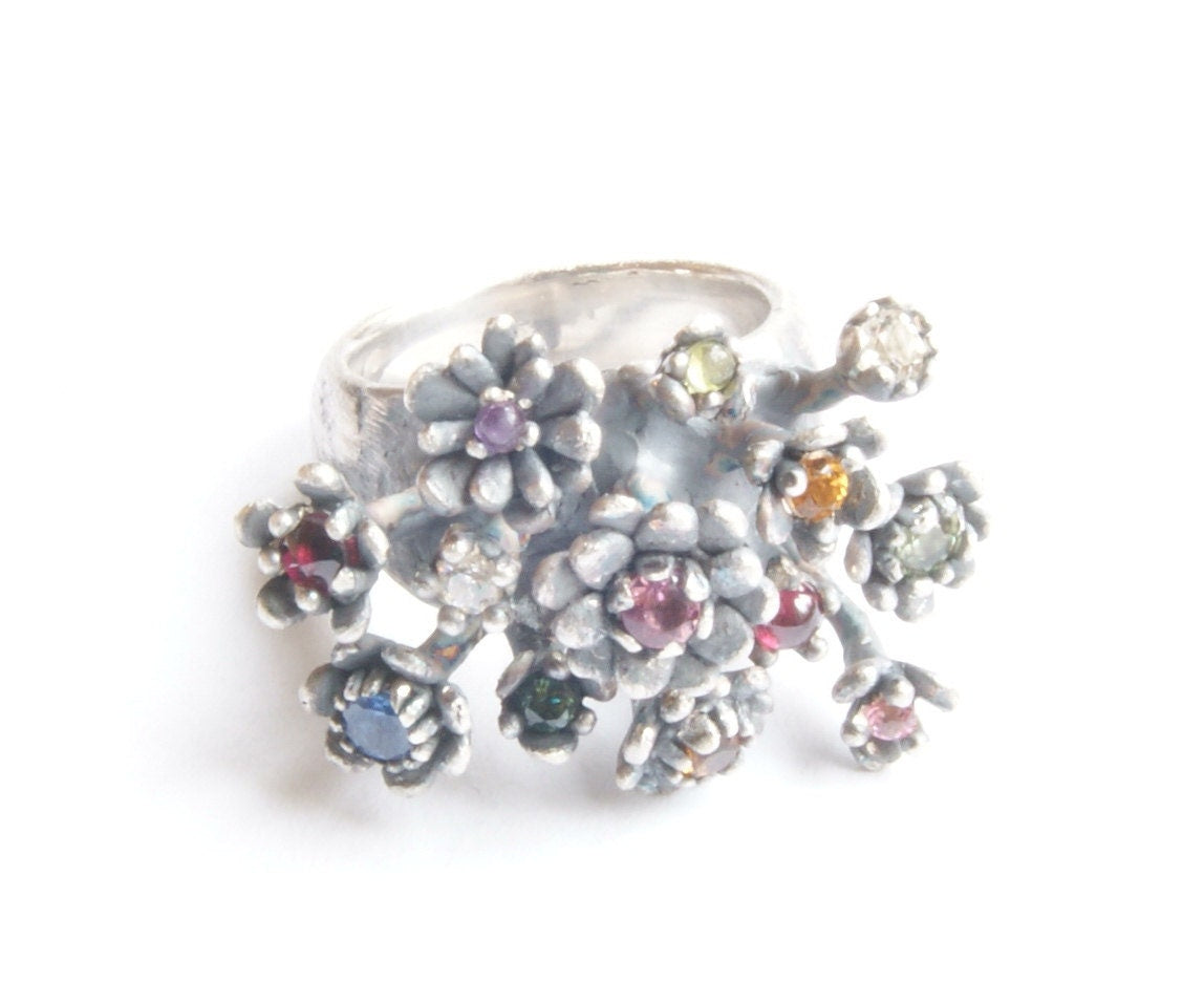 Handmade Colorful Gemstone Floral Statement Ring in Recycled Sterling Silver