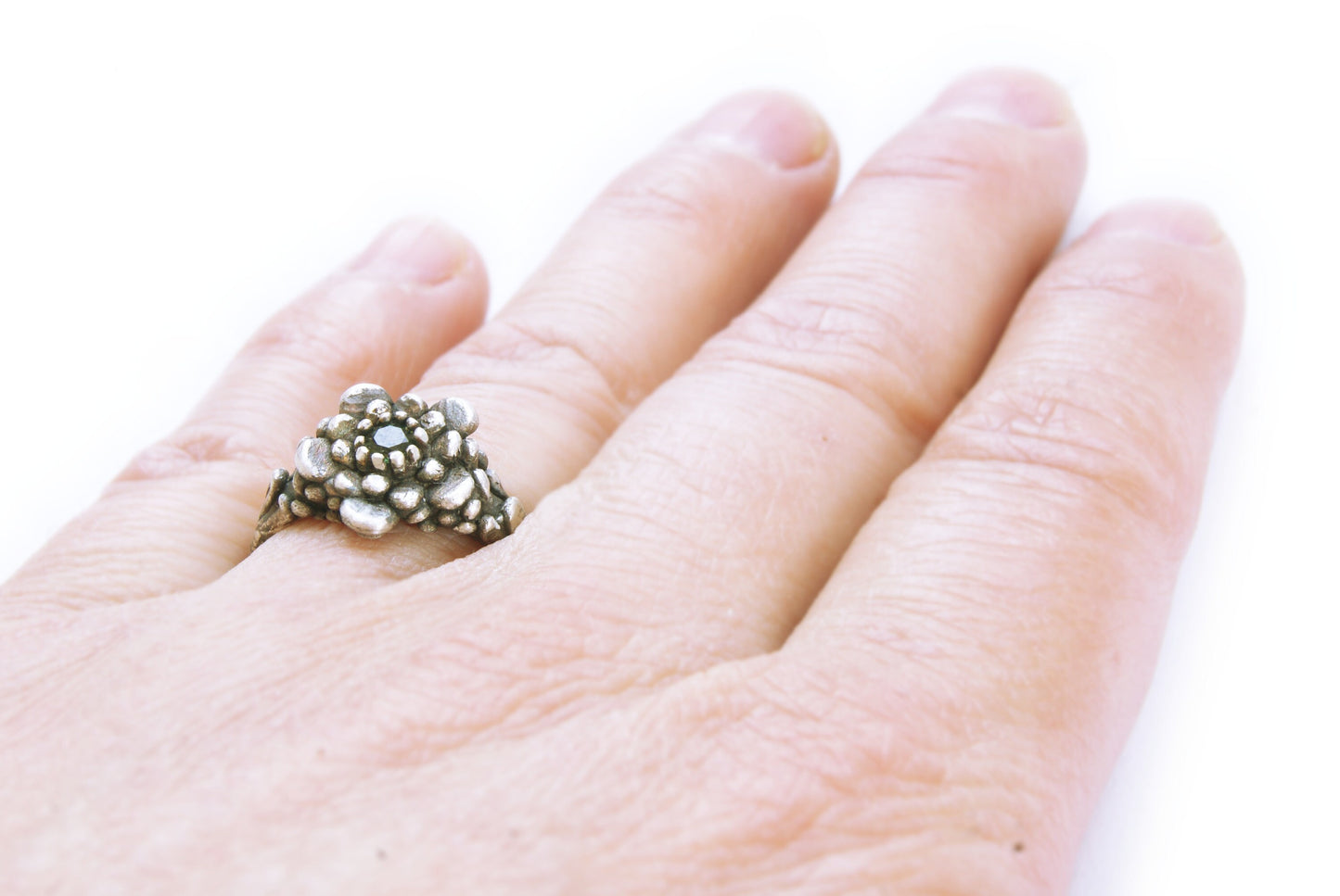 Handmade Flower Ring with Gemstone | Sterling Silver | Gem Nestled in Petals | Petal Band Design