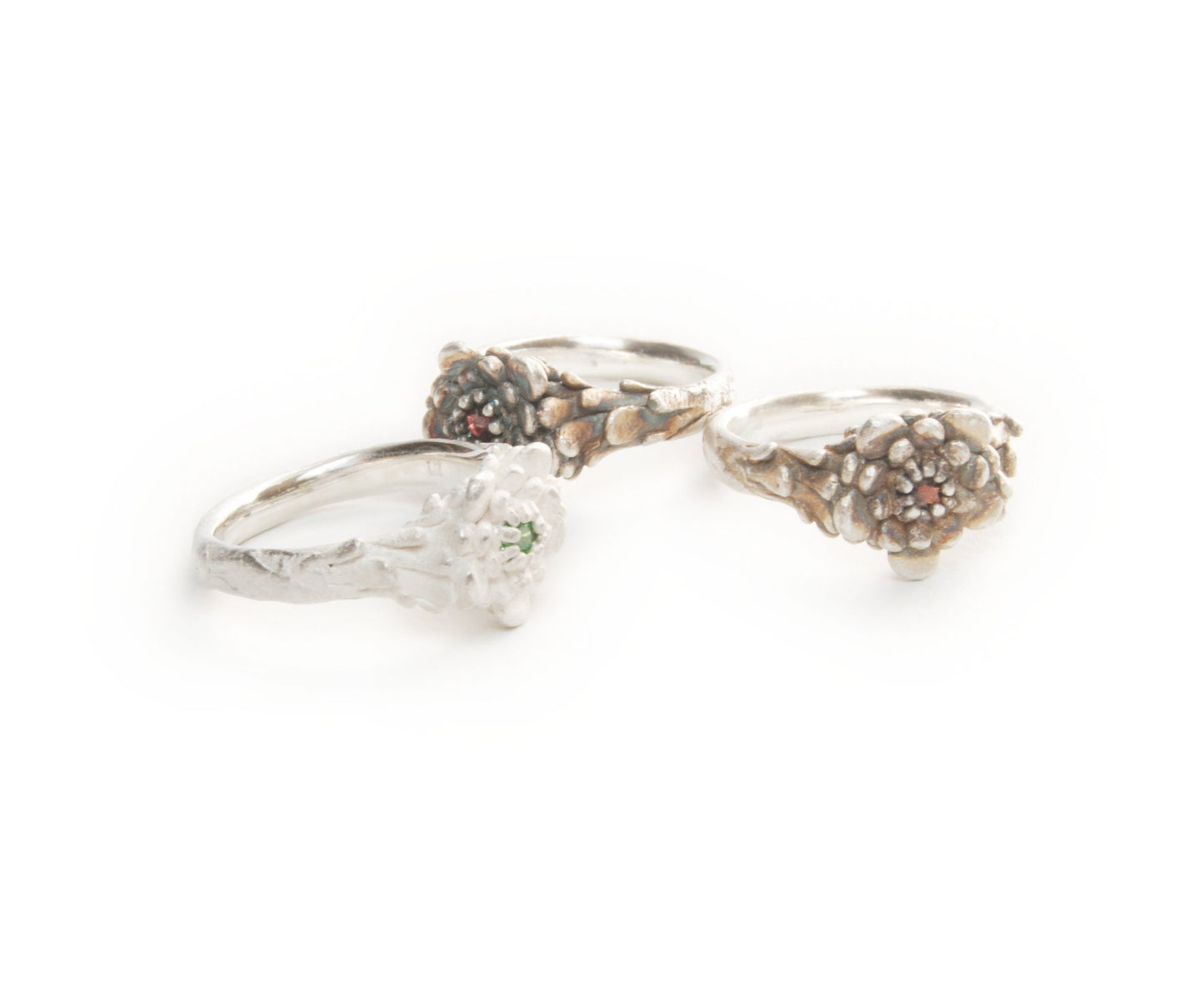Handmade Flower Ring with Gemstone | Sterling Silver | Gem Nestled in Petals | Petal Band Design