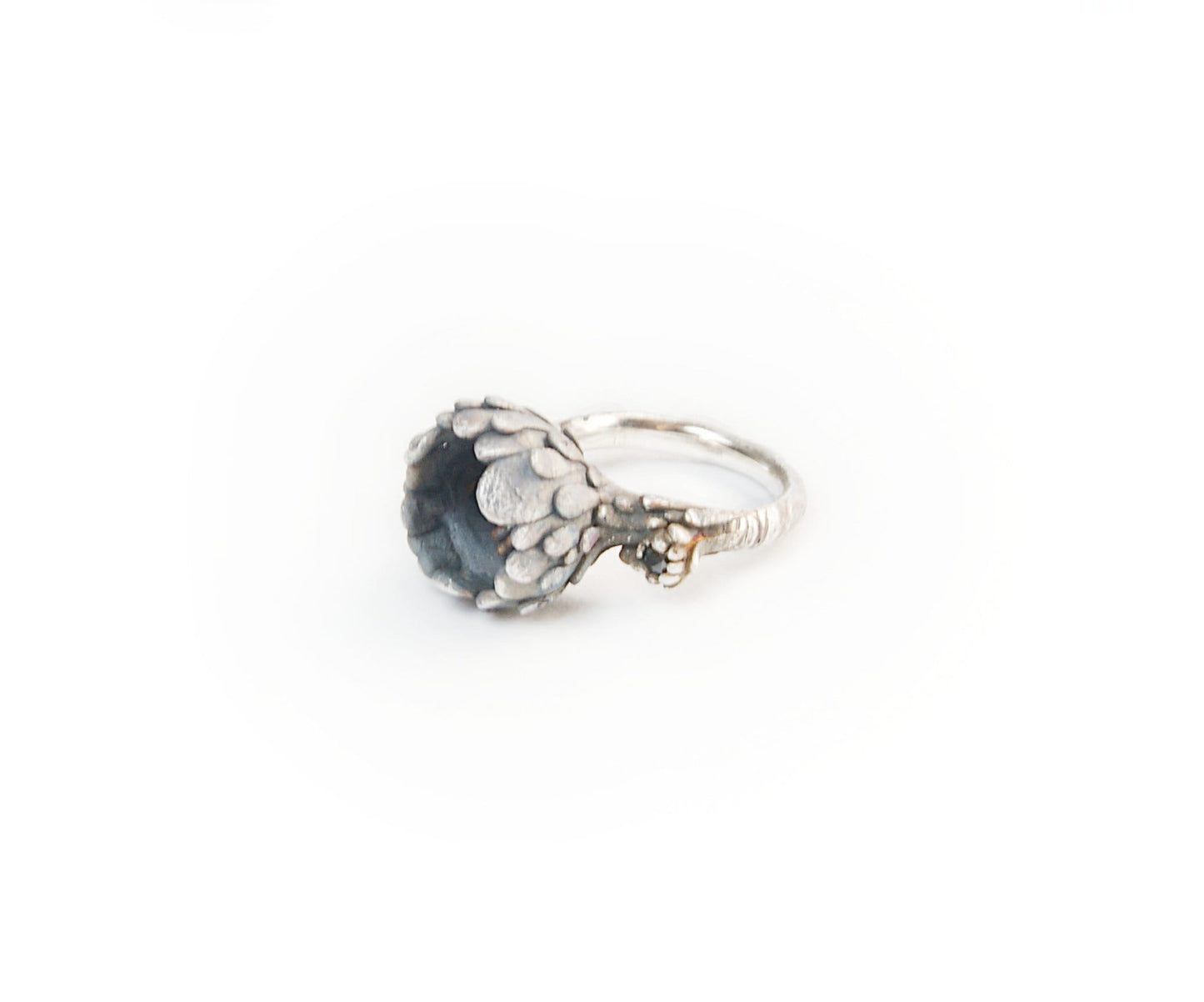 Secret Garden Ring with Black Gemstones | Silver Hidden Flower Jewelry | Nature Inspired Handmade Design