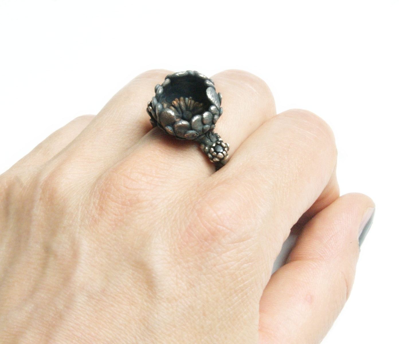 Secret Garden Ring with Black Gemstones | Silver Hidden Flower Jewelry | Nature Inspired Handmade Design