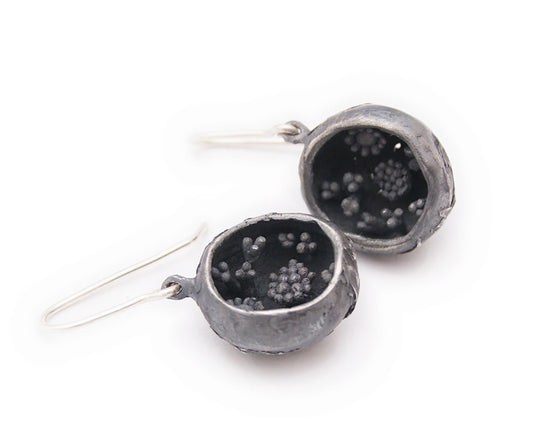 One-of-a-Kind Silver Bowl Earrings with Floral Detail | Handcrafted Recycled Silver