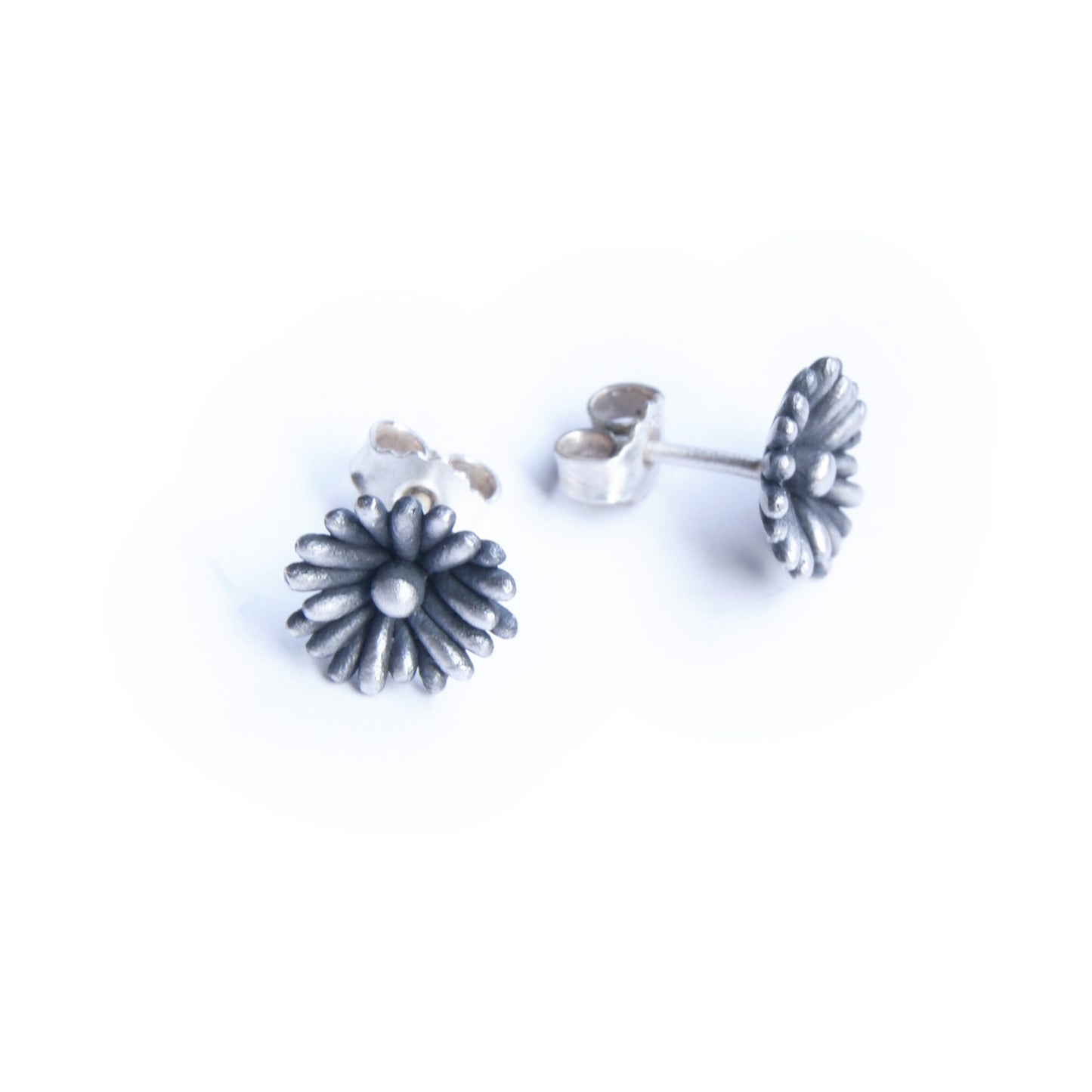 Recycled Silver Flower Stud Earrings: Patinated, Blackened, Whitened