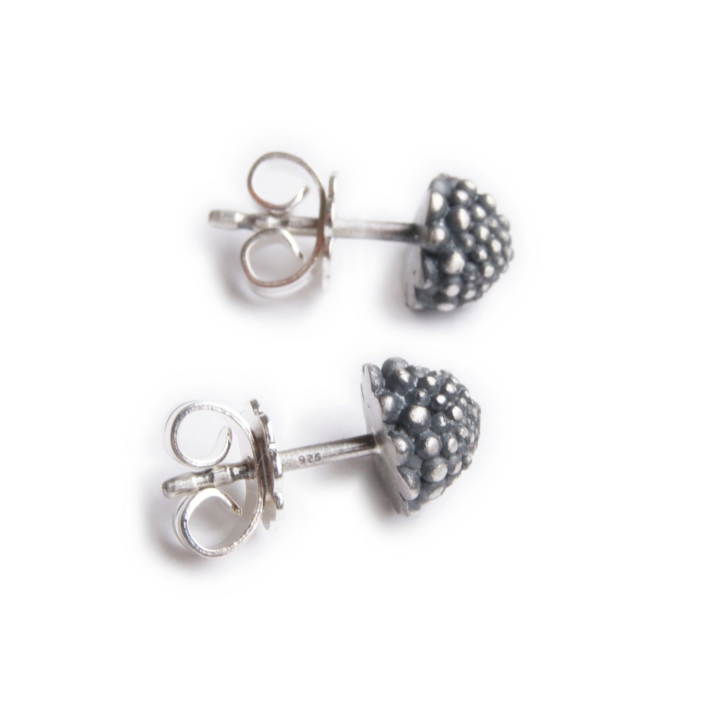 Blackened Sterling Silver Flower Stud Earrings with Granule Detail | Unique Silver Floral Jewelry
