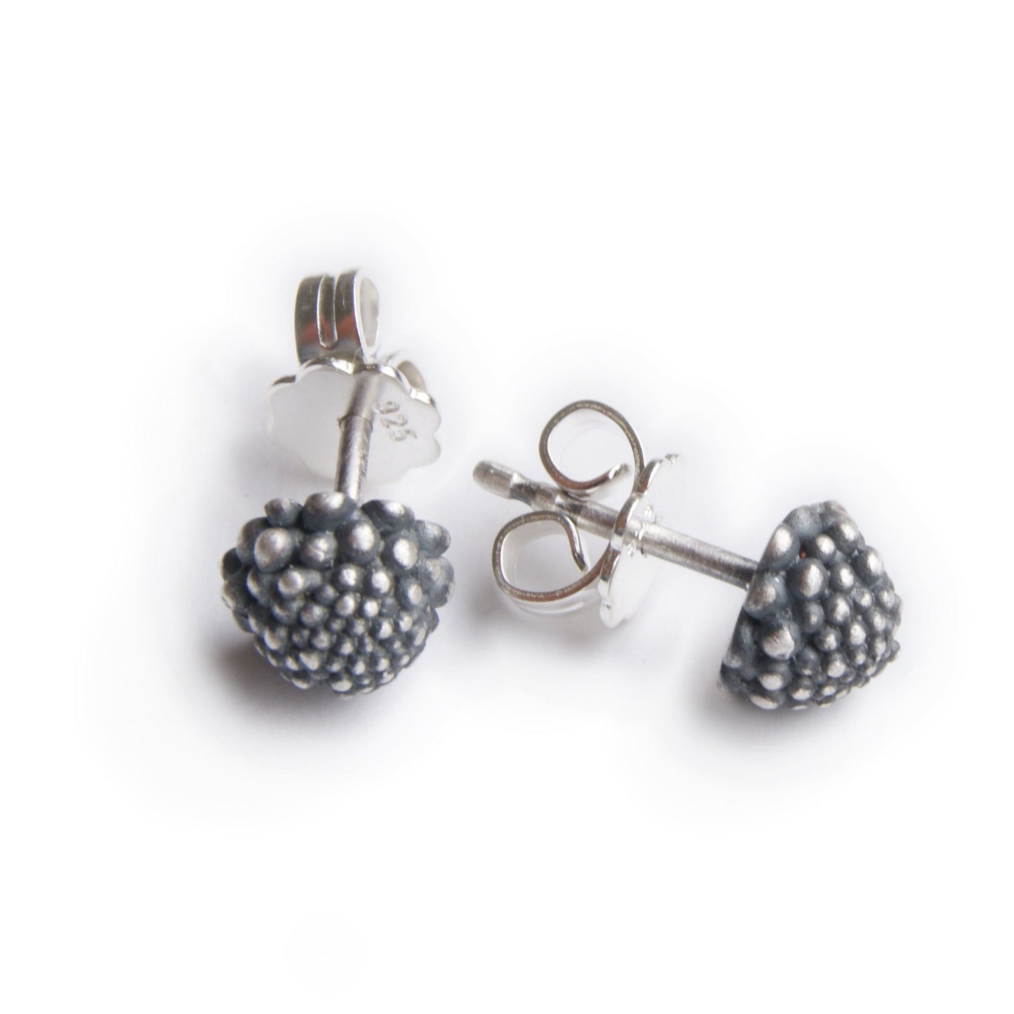 Blackened Sterling Silver Flower Stud Earrings with Granule Detail | Unique Silver Floral Jewelry
