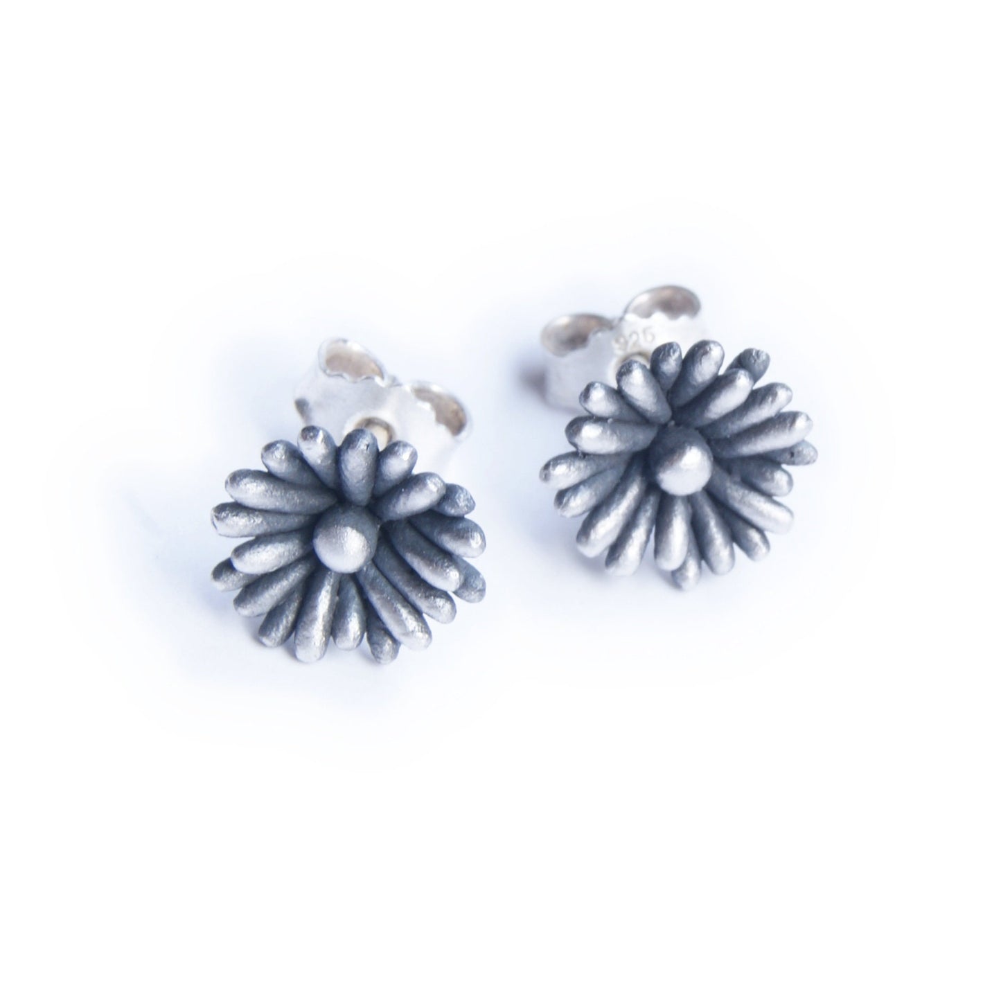 Recycled Silver Flower Stud Earrings: Patinated, Blackened, Whitened