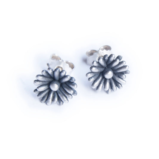 Recycled Silver Flower Stud Earrings: Patinated, Blackened, Whitened