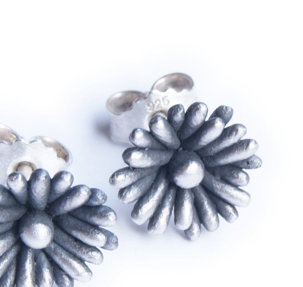 Recycled Silver Flower Stud Earrings: Patinated, Blackened, Whitened