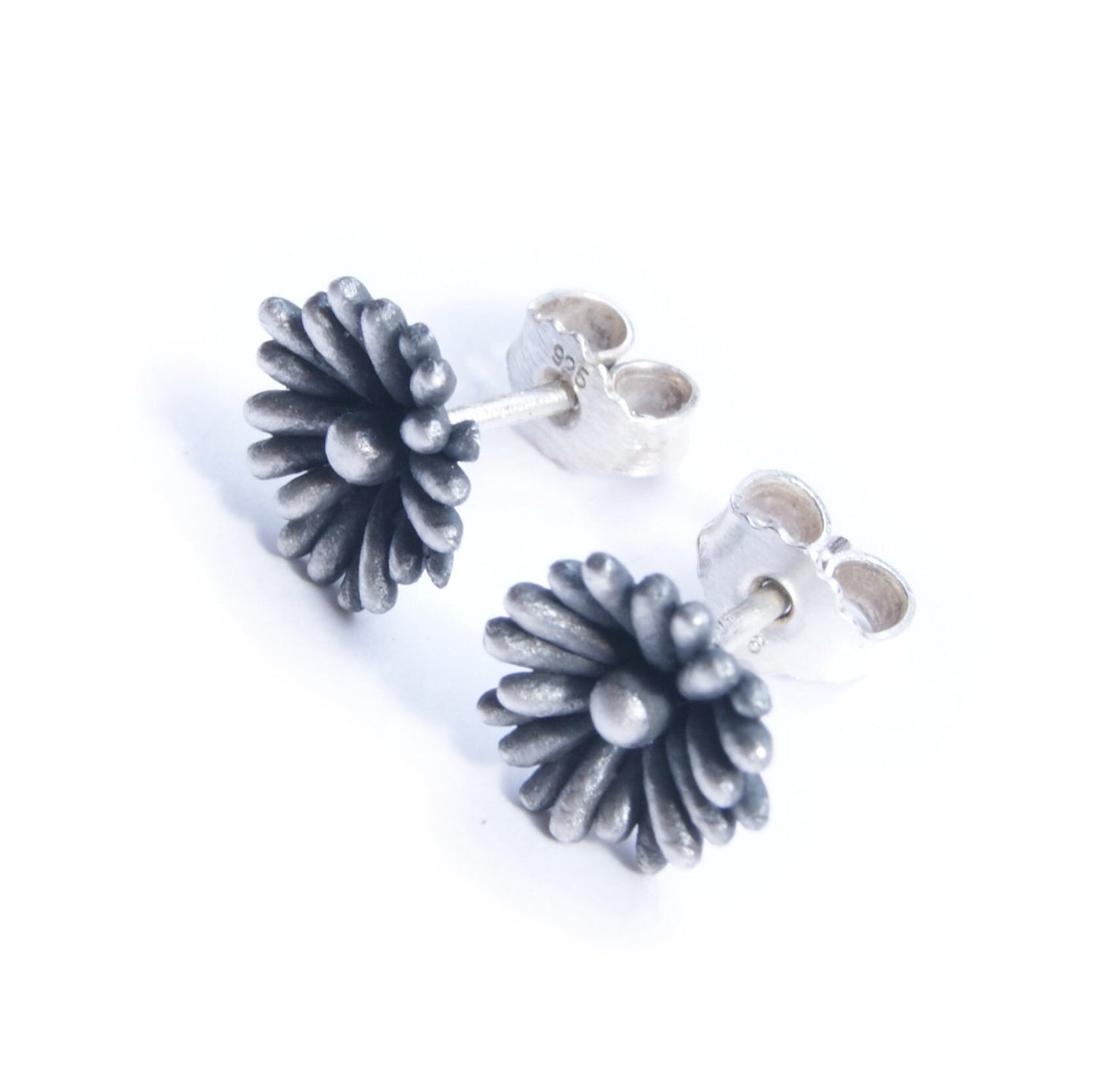 Recycled Silver Flower Stud Earrings: Patinated, Blackened, Whitened
