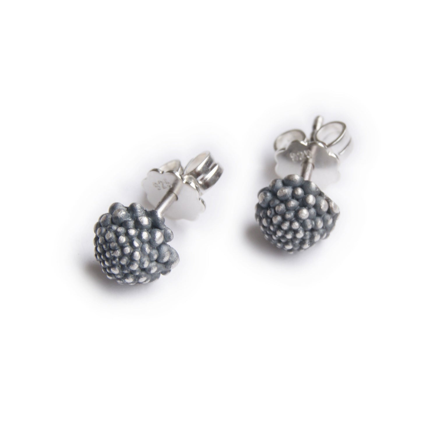 Blackened Sterling Silver Flower Stud Earrings with Granule Detail | Unique Silver Floral Jewelry