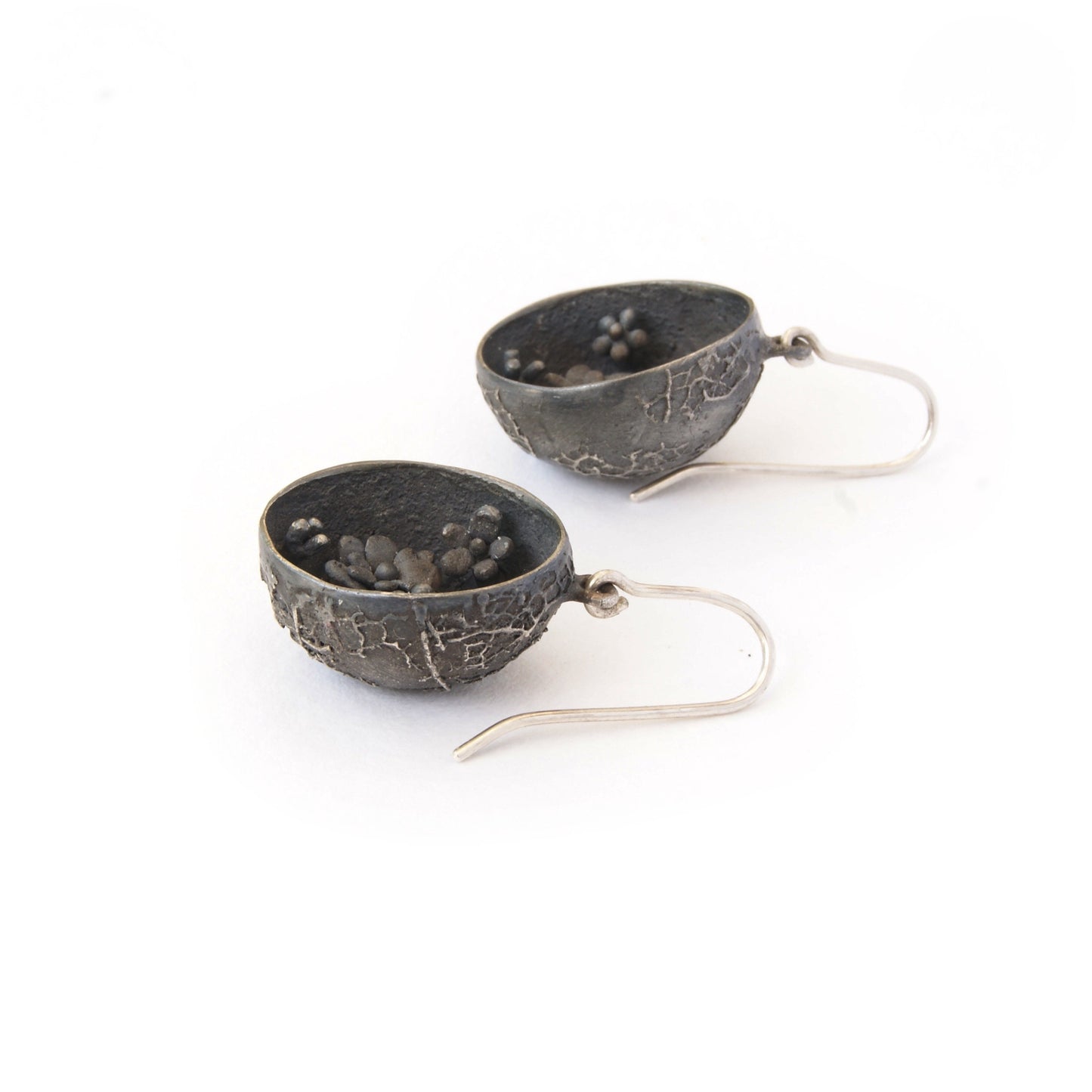Secret Garden Hanger Earrings | Handmade Unique Silver Jewelry | Flowers Inside Botanical Design in Black or White