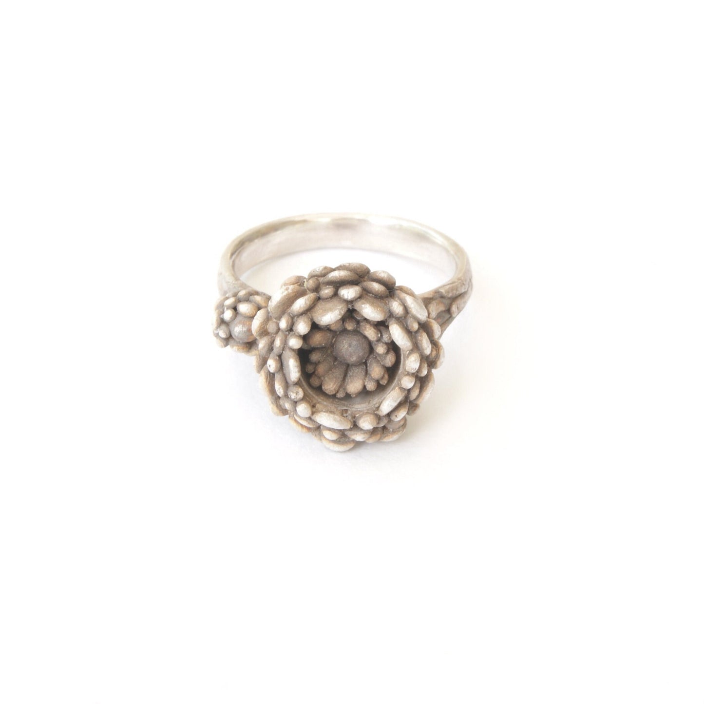 925 Sterling Silver Botanical Ring with Hidden Flower | Organic Lost Wax Casting Design | Handmade Statement Jewelry