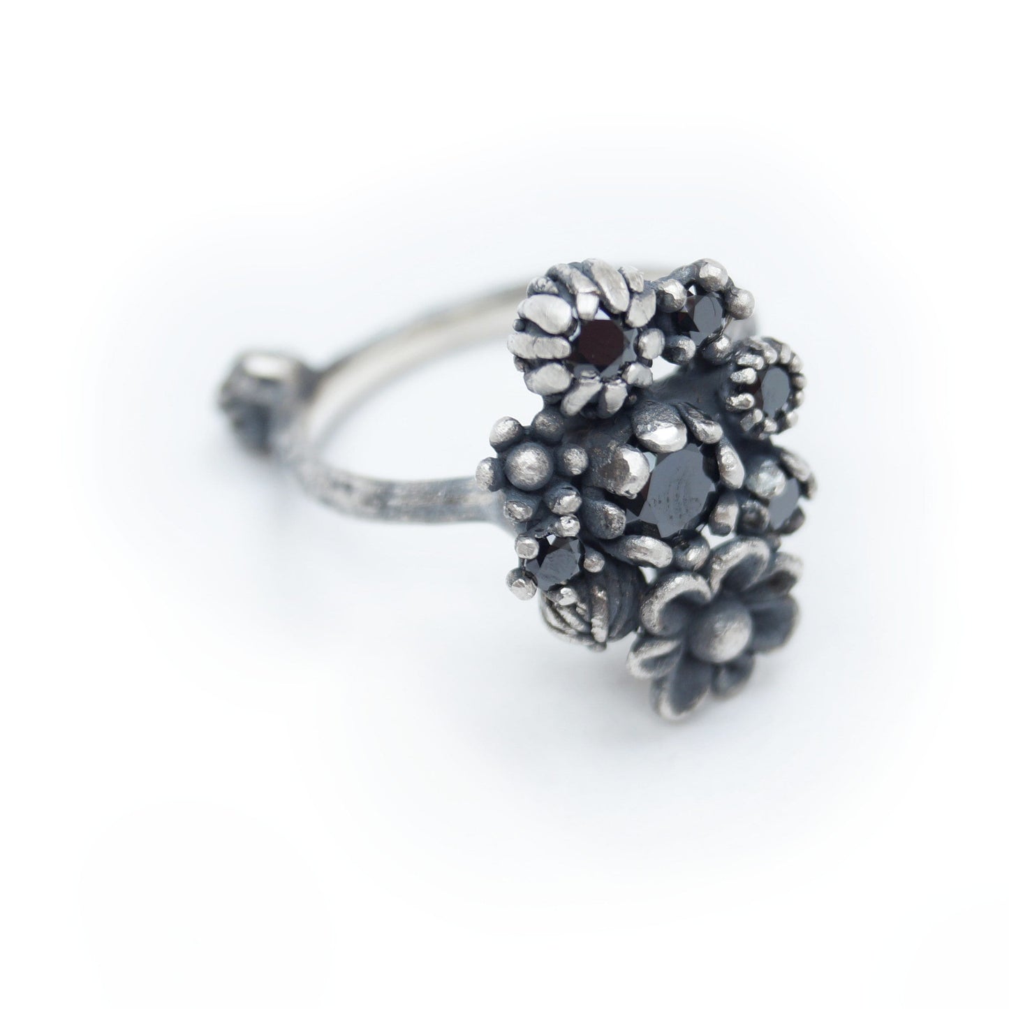 Floral Statement Ring with 6 Black Cubic Zirconia | Petal Setting | Elegant Ring with 9 Flowers