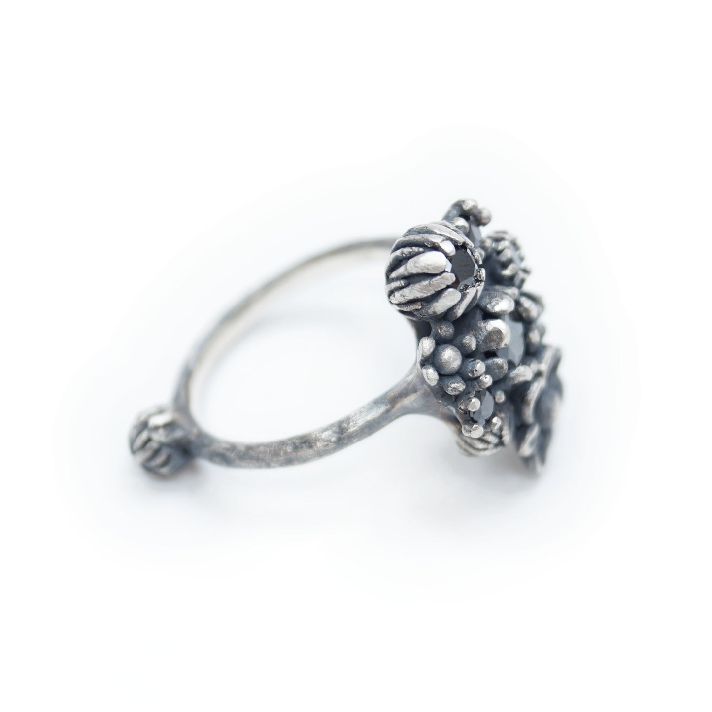 Floral Statement Ring with 6 Black Cubic Zirconia | Petal Setting | Elegant Ring with 9 Flowers
