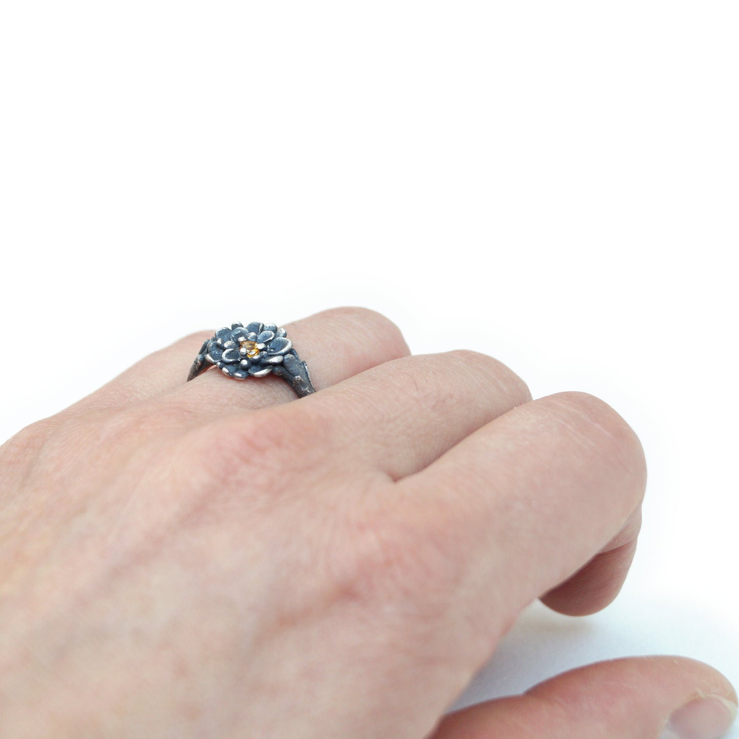 Slim Silver Flower Ring | Secret Garden Inspired | Detailed & Very Wearable Jewelry with Citrine Gemstone