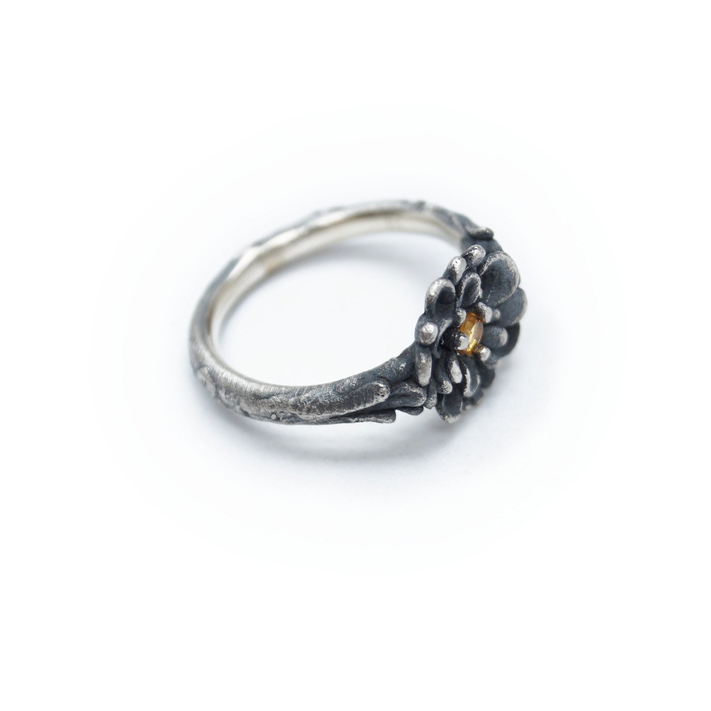 Slim Silver Flower Ring | Secret Garden Inspired | Detailed & Very Wearable Jewelry with Citrine Gemstone