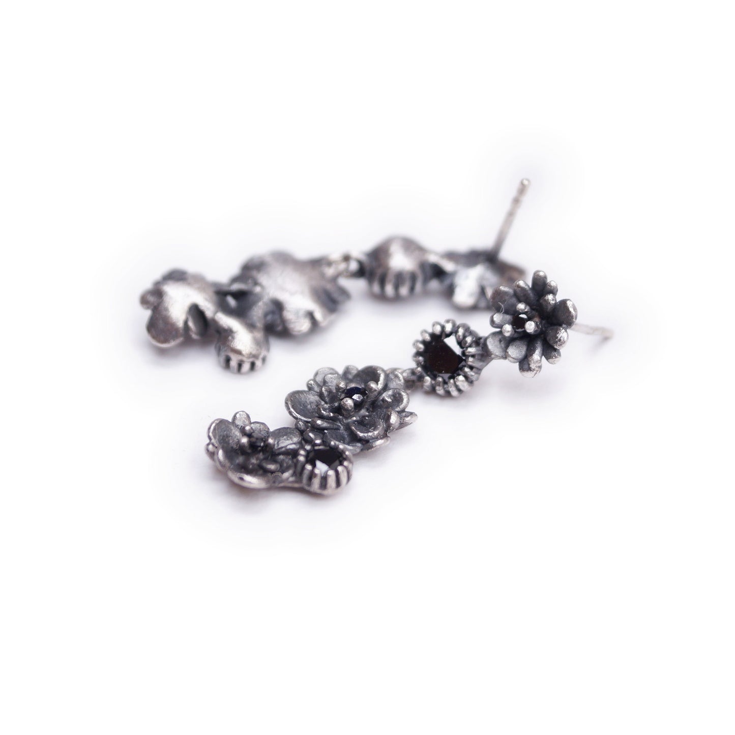 Handmade Botanical Earrings with Dark Stones | Floral Dangle Stud Earrings | Elegant Artisan Jewelry