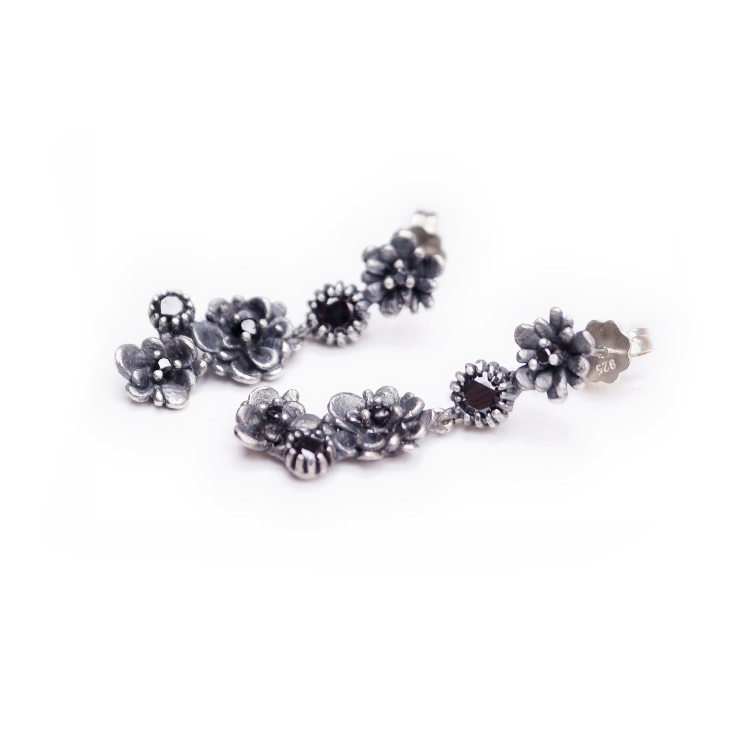 Handmade Botanical Earrings with Dark Stones | Floral Dangle Stud Earrings | Elegant Artisan Jewelry