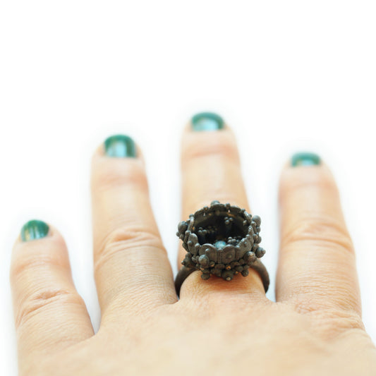 Blackened Silver Statement Ring with Hidden Opal Cabochon | Secretive Artistic Cocktail Ring