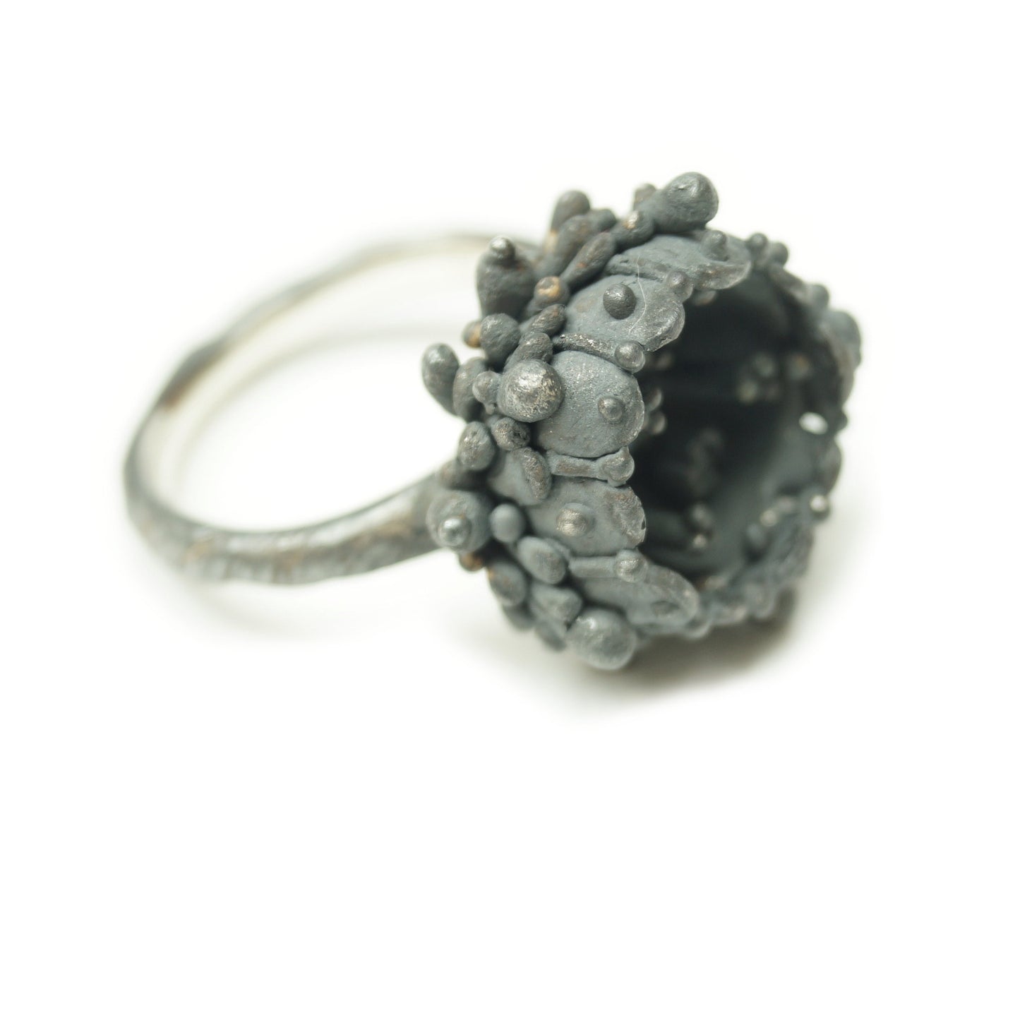 Blackened Silver Statement Ring with Hidden Opal Cabochon | Secretive Artistic Cocktail Ring