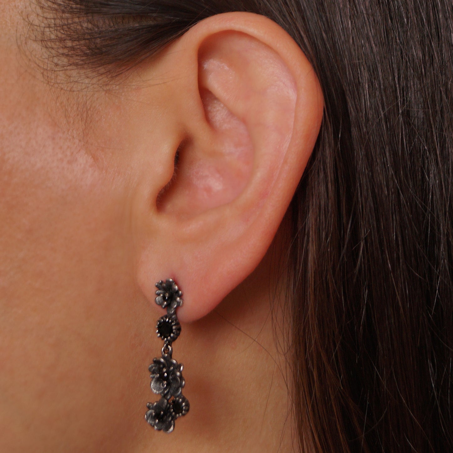 Handmade Botanical Earrings with Dark Stones | Floral Dangle Stud Earrings | Elegant Artisan Jewelry