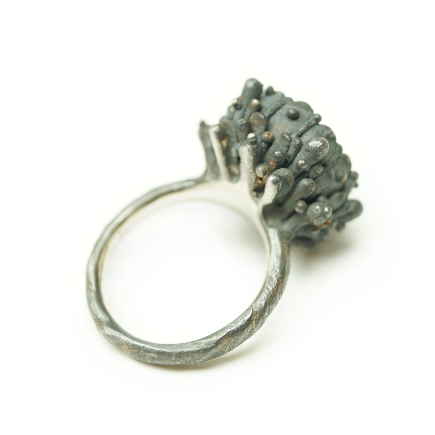Blackened Silver Statement Ring with Hidden Opal Cabochon | Secretive Artistic Cocktail Ring