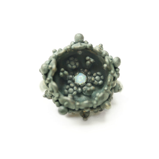 Blackened Silver Statement Ring with Hidden Opal Cabochon | Secretive Artistic Cocktail Ring