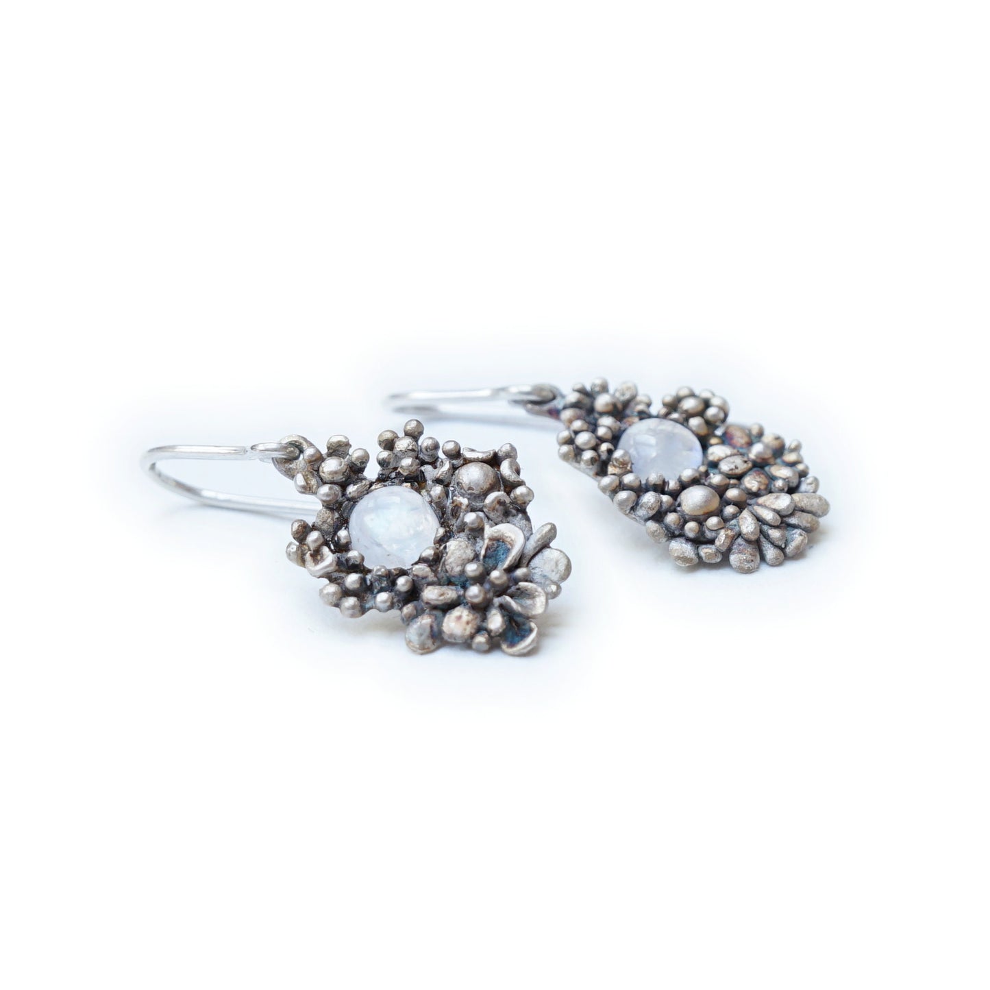 Dangling Floral Earrings in Sterling Silver | Many Little Flowers with Gemstones Inside | Unique Handmade Jewelry