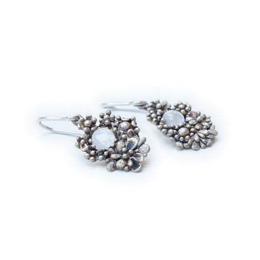 Dangling Floral Earrings in Sterling Silver | Many Little Flowers with Gemstones Inside | Unique Handmade Jewelry
