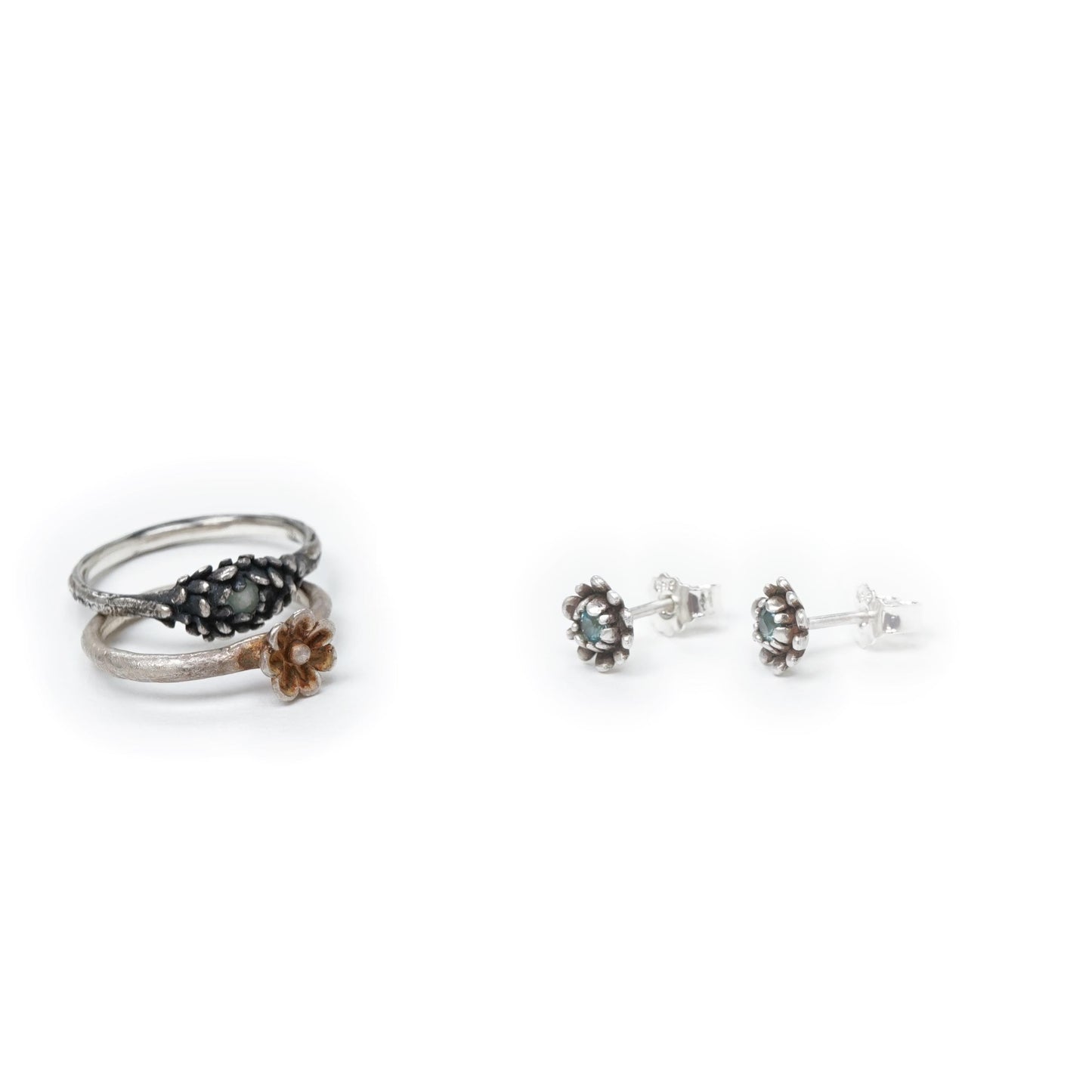 Handcrafted Floral Stud Earrings – Recycled Silver with Gemstone