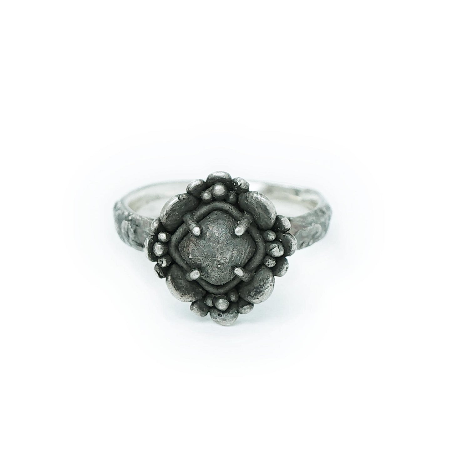 Dark Silver Ring with Symmetrical Petal Design | Timeworn Vintage Look | Artisan Floral Jewelry
